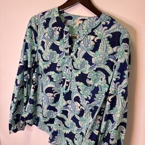 Talbots Paisley Green And Blue Cotton Tunic‎ Top Women's Size M